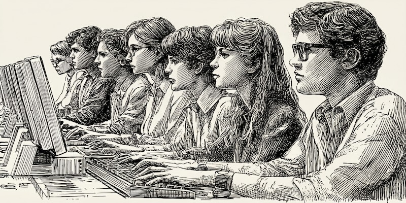 Vintage illustration of people working at computers — AI-powered marketing training